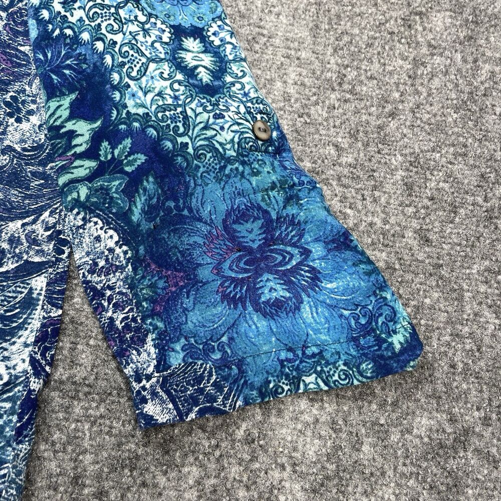 Chicos Top Sz 3 Womens Size XL Button Front Roll Tab Sleeve Blue Floral Pockets - Picture 4 of 11
